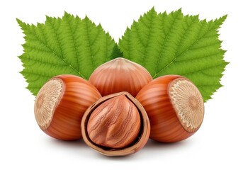 Four whole hazelnuts and one cracked open with green leaves food