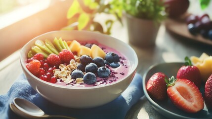 A vibrant breakfast scene featuring a smoothie bowl, fresh fruits, and sunlight, epitomizing a clean and healthy lifestyle.