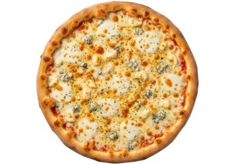 Overhead view of a round four cheese pizza with golden crust food