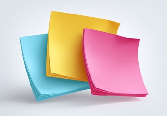 Three colorful sticky notes, light-blue, yellow, and pink, layered and slightly overlapping, creating a dynamic visual.  They appear to float in the air, with soft shadows suggesting depth.  