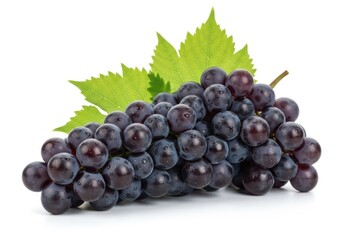 Fototapeta premium Ripe dark purple grapes with green leaves on a white fruit food