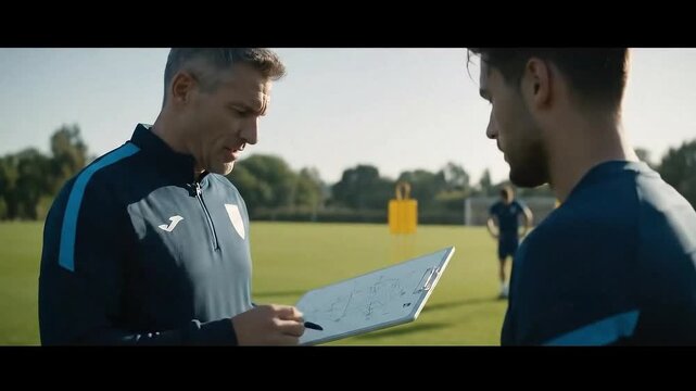 Professional football coach explaining game strategy to a player on a tactic board during an outdoor training session