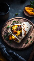 A colorful breakfast wrap filled with butternut squash, black beans, and greens is served on a wooden board, highlighting a healthy morning meal