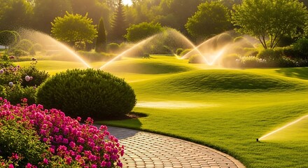 Lush green garden with sprinklers watering the lawn in golden morning sunlight with blooming flowers