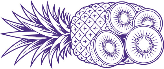 Detailed Line Art of Pineapple and Kiwi Slices A Vibrant Still Life Composition in Monochromatic Purple Design Exotic Fruit Medley