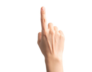 Top-Down Female Hand with Finger Pointing at Invisible Button – Isolated PNG.