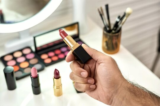 man hold lipstick at vanity table. Unisex feminine makeup