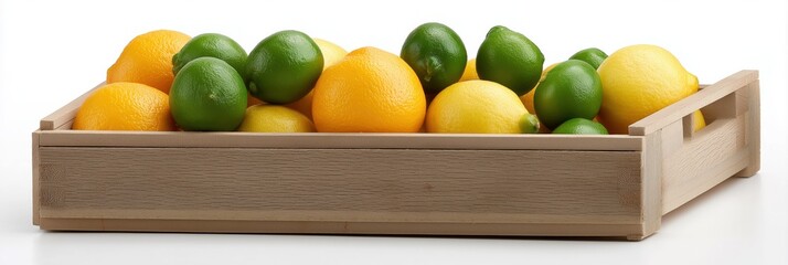 Fresh lemons and limes in wooden crate on white background