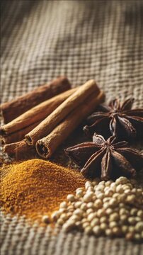 A variety of whole spices on a woven background, ready to create exotic culinary flavors.