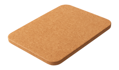 Rectangular cork placemat with rounded edges designed for tabletop protection and heat insulation on transparent background.