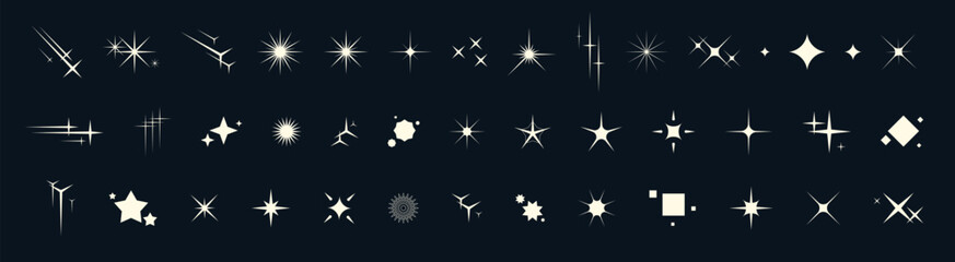 Bright star light icons with shimmering spark and vintage glow. Abstract silhouettes shine with magic energy. Perfect for cosmic posters, sky themed prints or aesthetic layouts.