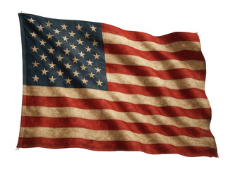 Vintage American flag with 50 stars and 13 red and white stripes, showcasing a classic weathered design on transparent background.