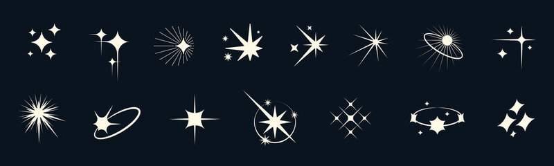 Geometric star icons with abstract glow and magical light. Flickering shapes reflect space energy. Use for starlight backgrounds, modern graphics or sci fi poster sets.