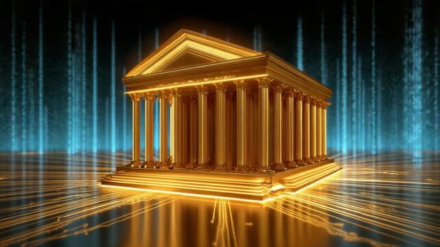 Golden Temple in Digital Realm: A radiant gold temple glows amidst a network of digital lines, suggesting themes of heritage, security, and technological advancement.