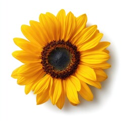 Close-up of a single sunflower.  Bright yellow petals radiate from a dark-brown central disk.  Isolated on a pure white background