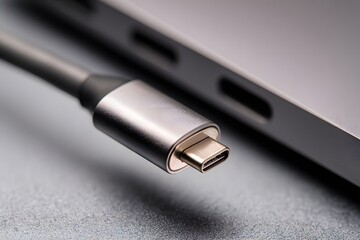 A close up of a usb c connector and cable next to a device with ports on a gray surface in soft light