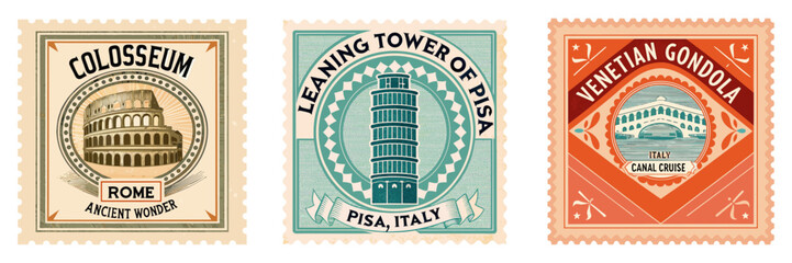 retro vintage-style Italian stamp Iconic Landmarks Theme Colosseum, Leaning Tower of Pisa, Venetian Gondola