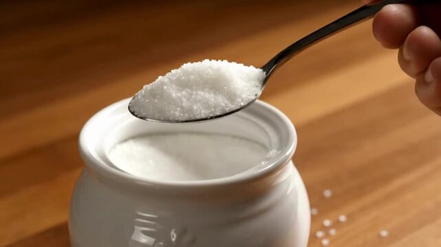 A hand uses a spoon to scoop sugar from a jar, showing the granular texture.