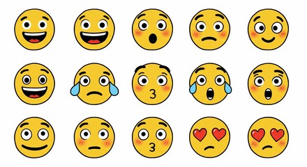 Fototapeta premium Diverse emoji expressions: happiness, sadness, surprise, love, and a kissing face