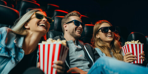 Group of young friends enjoying a 3D movie in a cinema hall, wearing 3D glasses, smiling, holding popcorn and drinks. Vibrant, lively atmosphere. AI-generated, symbolic lifestyle scene.