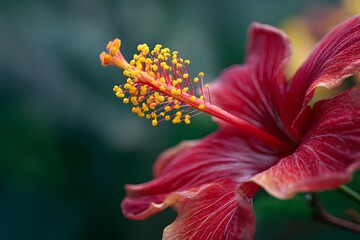 A close up of a red hibiscus flower showing the stamen and pistil with a blurred green background