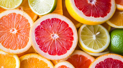 Vibrant assortment of halved citrus fruits featuring oranges, lemons, and limes