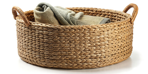 Obraz premium A round woven storage basket with handles, filled with folded neutralcolored textiles, isolated on white background