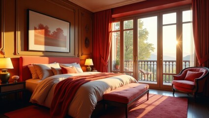 Obraz premium Luxurious bedroom with panoramic window views.