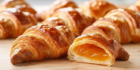 lose-up of a sliced croissant filled with golden apricot jam, warm layers and glossy fruit filling visible in bright natural light. Created with AI.