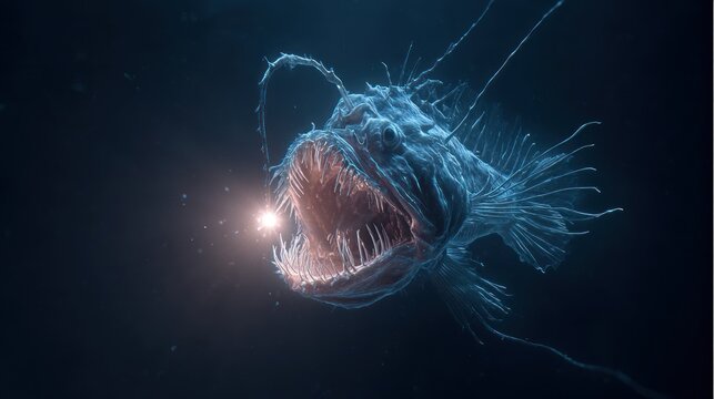 Deep-sea anglerfish in dark ocean (1)