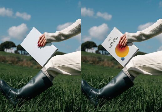 Mockup Of Woman Holding Customized Hardback Sitting On Grass