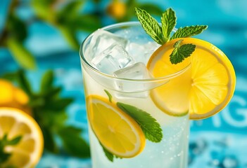 Fototapeta premium Crystal clear glass of fresh lemonade with ice cubes and mint sprigs, summer vibe, juicy, delicious