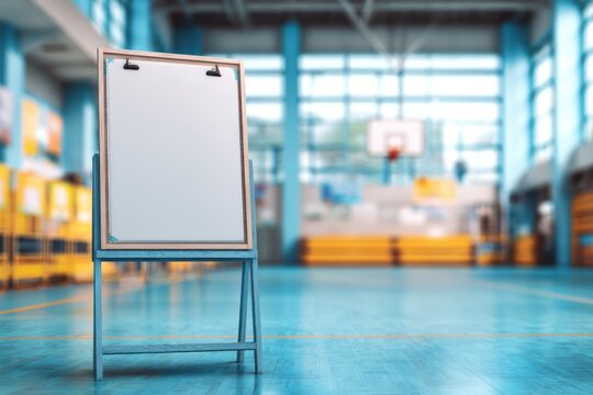 Empty, light-blue bulletin board in a gymnasium