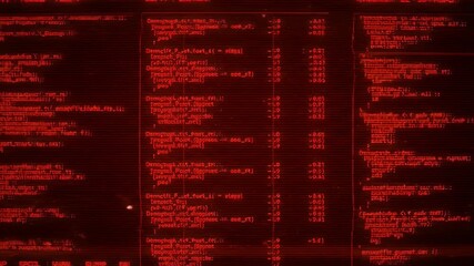 Abstract Red Glitching Computer Code Display with Running Data and Digital Noise on Dark Screen Retro Futuristic Hacking and Cyber Security Theme