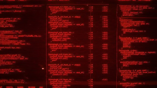 Abstract Red Glitching Computer Code Display with Running Data and Digital Noise on Dark Screen Retro Futuristic Hacking and Cyber Security Theme