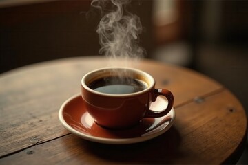 A steaming cup of dark coffee sits on a saucer atop a rustic wooden table near a window.