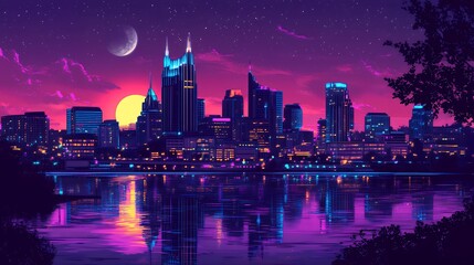 Night cityscape with illuminated buildings reflecting in the water