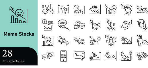 Collection of minimalist vector icons representing meme stocks financial trends and the volatile nature of market investments depicted with visual representations.