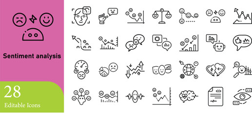 Collection of 28 editable line icons representing sentiment analysis displaying various emotions trends graphs and related concepts in a modern outline style