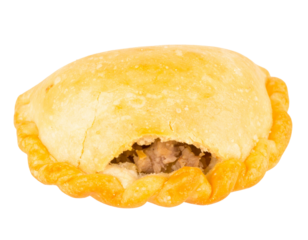 A savory meat empanada, with a slightly textured crust, isolated against a clean white background.
