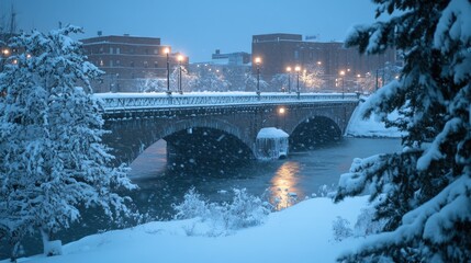 Snowfall over a stone arch bridge at night, illuminating city lights and snow-covered trees.
