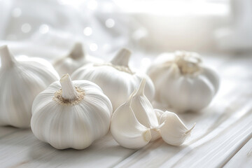 Close-up of fresh whole garlic bulbs and cloves on a light wooden table bathed in bright natural light, highlighting the papery skins and texture in a high-key kitchen setting.