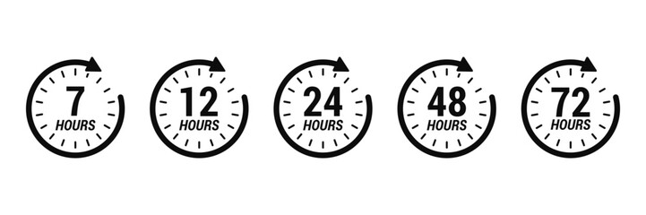 Black and white clock icons showing 7, 12, 24, 48, and 72 hour turnaround times, Vector.