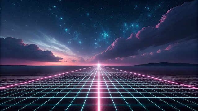 Vibrant neon lines form an endless grid path under a dramatic starry sky with colorful clouds at the horizon.