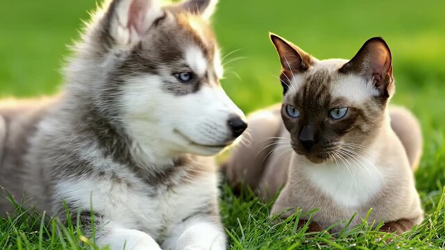 Adorable Siberian Husky Puppy and Elegant Siamese Cat with Striking Blue Eyes Lie Peacefully Together on Lush Green Grass Outdoors Showcasing Unique Animal Frie