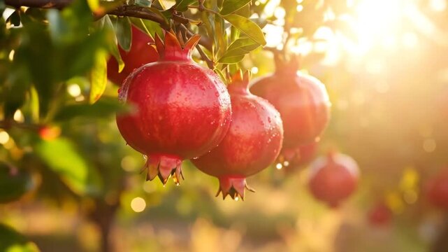 Juicy Pomegranates Glowing in Golden Sunset: Orchard Harvest