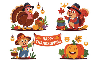 Thanksgiving characters and harvest elements vector set turkey squirrel