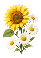 Naklejka premium A detailed illustration of a vibrant sunflower and three white daisies with lush green leaves on transparent background.