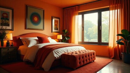 Obraz premium Cozy bedroom with rich orange tones.
