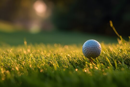 A golf ball sitting on a tee in lush green grass illuminated by soft sunlight on a golf course field